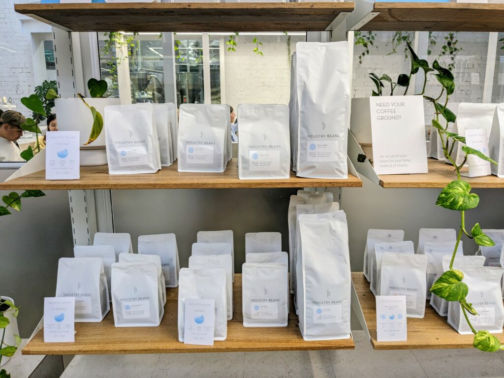 Bags of coffee on shelves at Industry Beans, Fitzroy