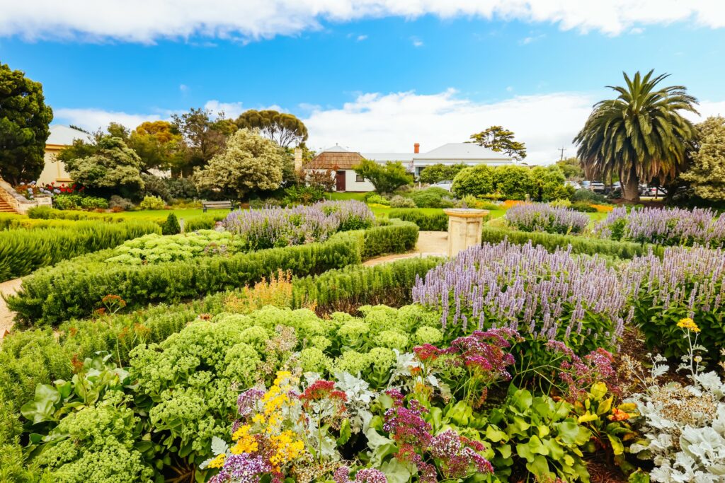 Botanic gardens in Sorrento, with spring flowers in the foreground and trees and a historic cottage in the background