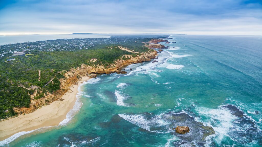 Aerial view of Sorrento back beach and Mornington peninsula, with ocean on both sides