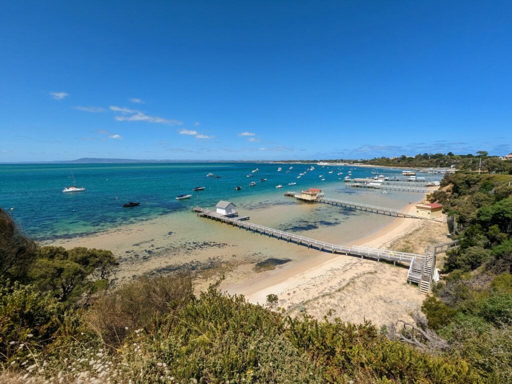 View from Millionaires Row clifftop walk near Sorrento, overlooking Port Phillip Bay with trees and beach in the foreground and many jetties and small boats beyond 