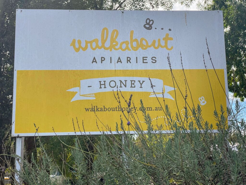 Large white and yellow roadsign for Walkabout Apiaries honey, with plants growing up around the bottom. 