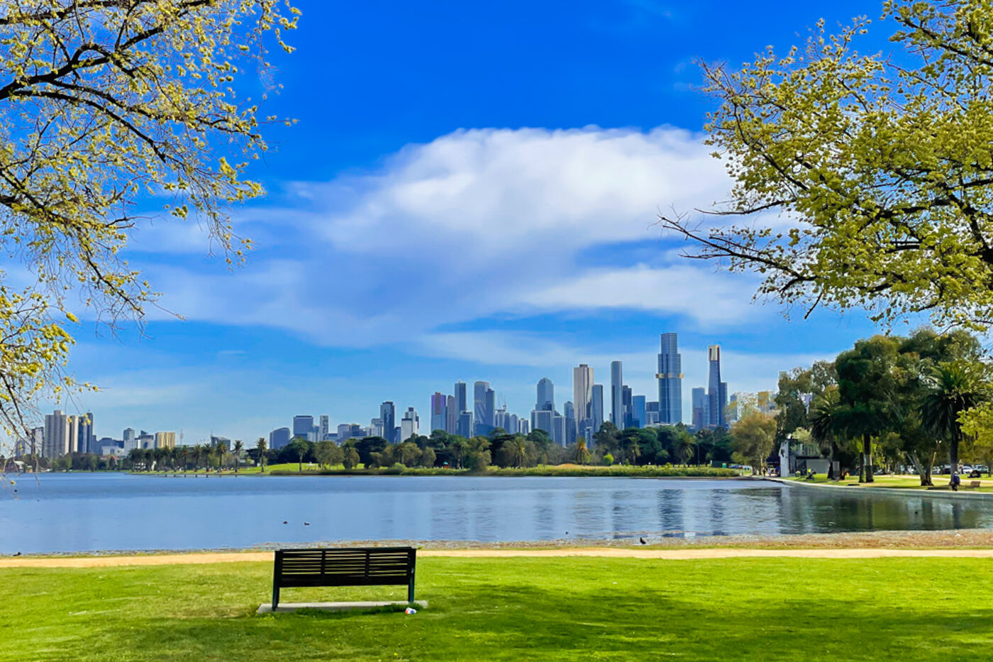 Albert Park's vast lake, with Melbourne's skyline appearing in the distance. In the foreground, an empty bench lines the walking trail that encompasses the water.