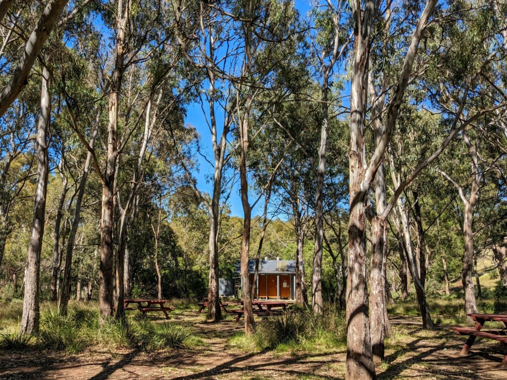 Small picnic area in a national park in Australia, with a few wooden tables and chairs, a toilet building, and many trees.