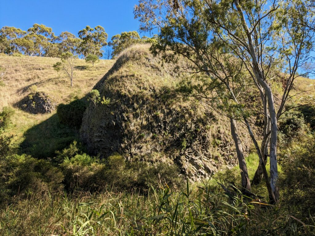 A large basalt rock with smaller rocks nearby, in front of a small grassy hill. Tall grass and trees in front and trees behind.