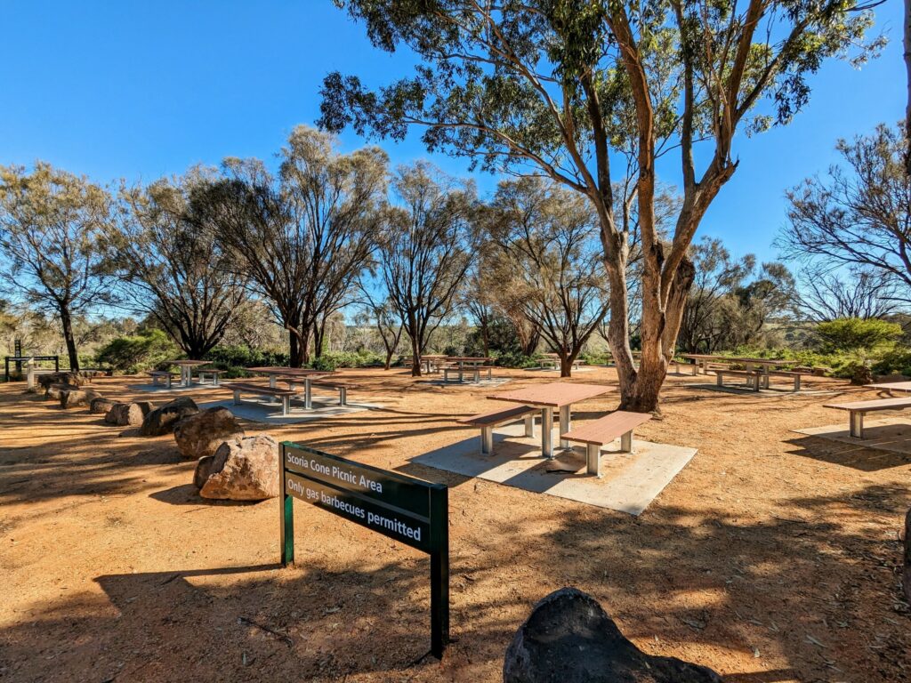 A new-looking picnic area with several wooden tables and bench seats mounted on concrete slabs, mostly under shady trees. The rest of the surface is dirt, with large rocks marking the boundary of the area. A sign in front reads "Scoria Cone Picnic Area. Only gas barbecues permitted."